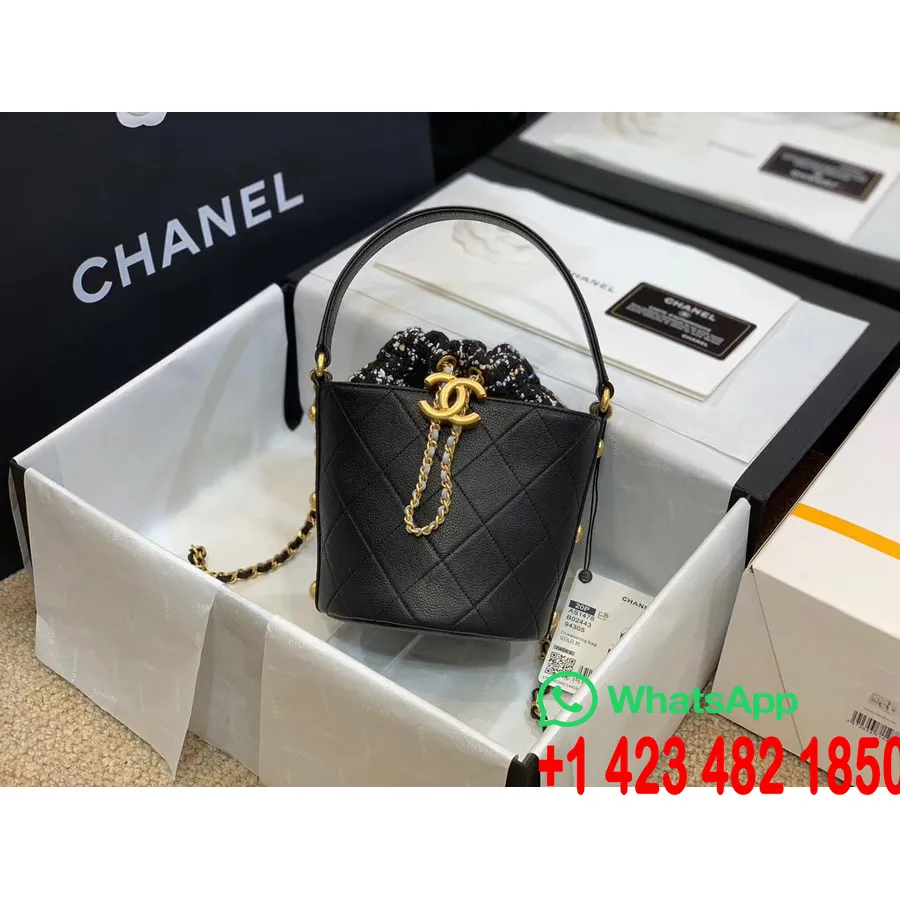 Geantă Găleată Chanel Tweed Cu Mâner 14cm As1478 Piele De Vițel Hardware Auriu Colecția Cruise 2020, Negru