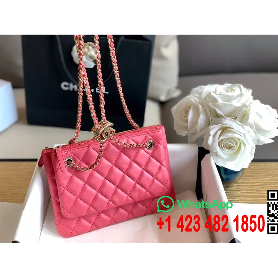 Chanel Dubbelfodral Väskor Med Rem 28cm Lammskinn Läder Guld Hardware Cruise 2020 Kollektion Ap1073, Rosa