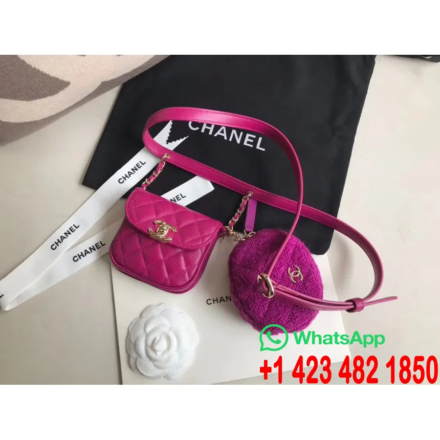 Geantă Cu Curea Chanel Cu Talie Dublă 18 Cm Tweed/piele De Miel Hardware Auriu Colecția Cruise 2020, Roz Fucsia