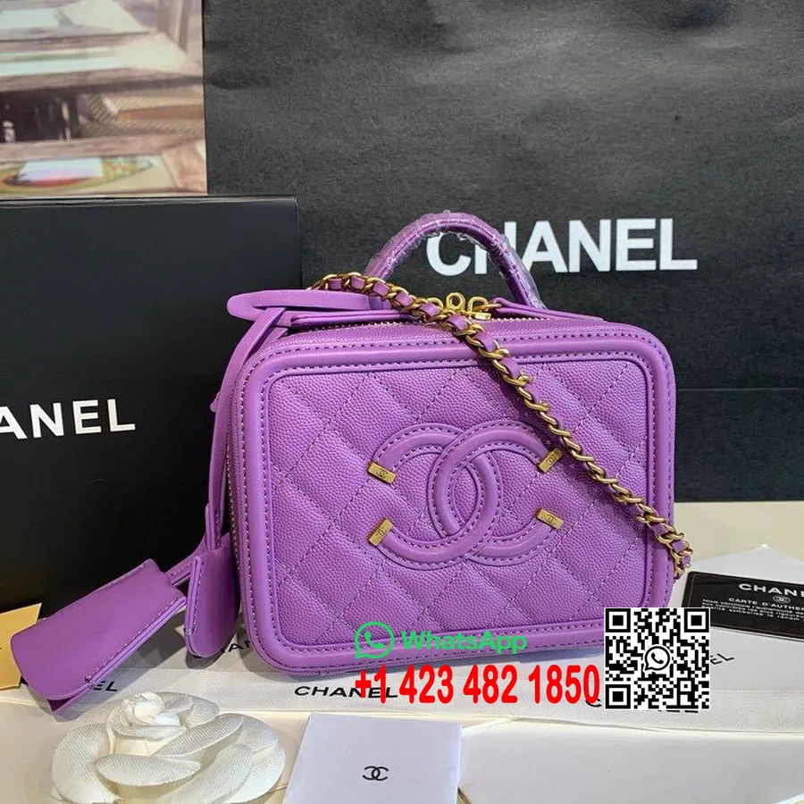 Chanel Cc Borsa Da Trucco In Filigrana 18 Cm Hardware Dorato In Pelle Di Caviale Collezione Primavera/estate 2020 Atto 1, Viola