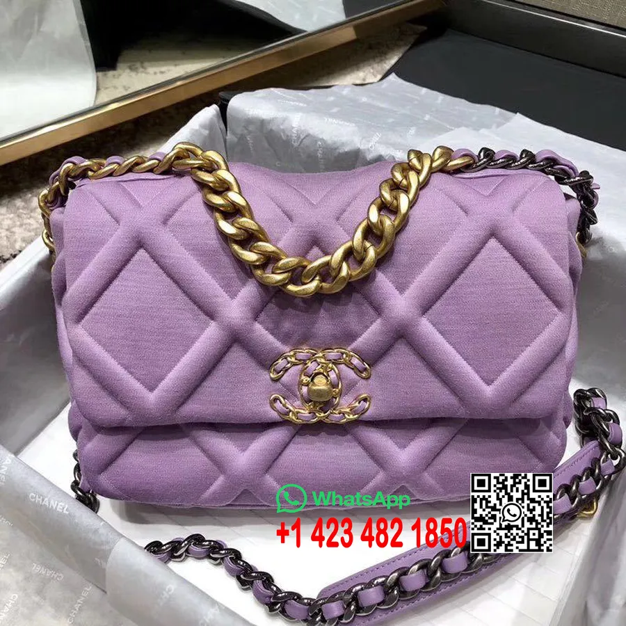 Geantă De Umăr Chanel 19 Cu Clapă 26 Cm Jerseu/piele De Miel Hardware Auriu Colecția Clasică Cruise 2019, Violet