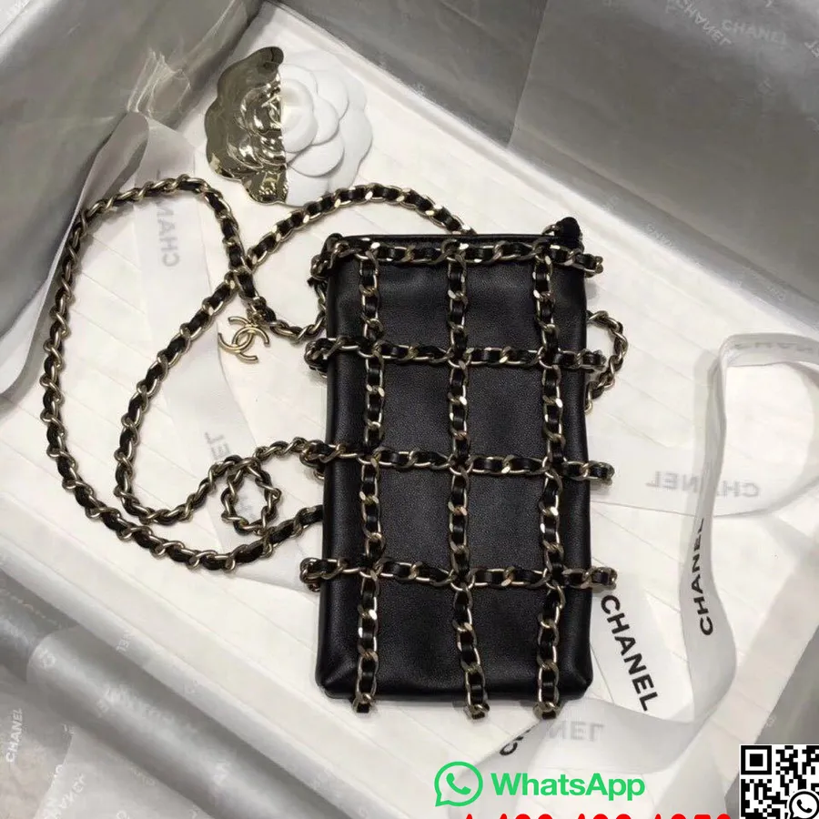 Chanel Ketting Telefoonhouder Hoesje 18cm Lamsleer Gouden Hardware Lente/zomer 2020 Act 1 Collectie, Zwart