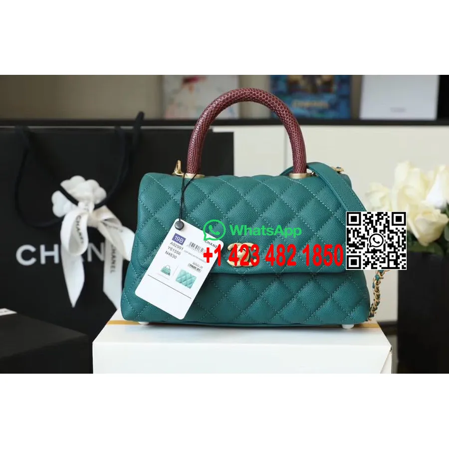 Chanel Coco Handle Quilted Lizard Handle Bag 30cm Caviar Leather Gold Hardware Spring/Summer 2020 Act 1 Collection,  Sea Green