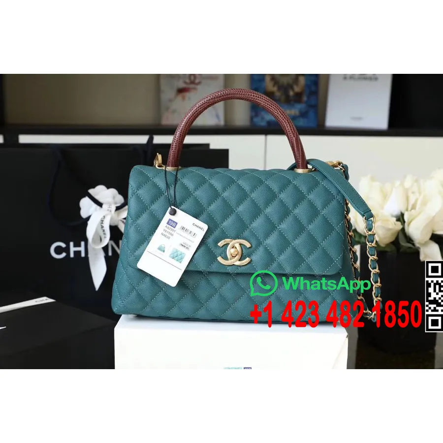 Chanel Coco Handle Quilted Lizard Handle Bag 24cm Caviar Leather Gold Hardware Spring/Summer 2020 Act 1 Collection, Sea Green