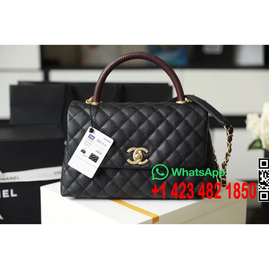 Chanel Coco Handtag Quiltad ödla Handtag Väska 24cm Kaviar Läder Guld Hårdvara Vår/sommar 2020 Akt 1 Kollektion, Svart