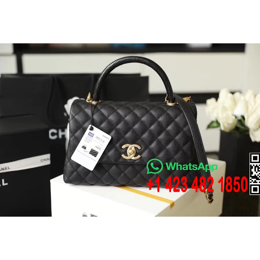 Sac Matelassé Chanel Coco Handle 24cm Cuir Caviar Matériel Doré Collection Printemps/été 2020 Acte 1, Noir/noir