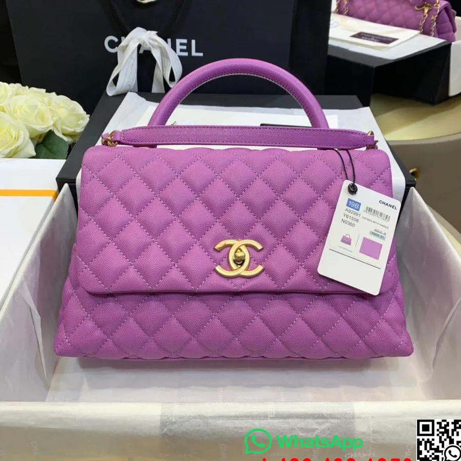 Geantă Matlasată Chanel Coco Mâner 28 Cm Piele Caviar Feronerie Aurie Colecția Primăvară/vară 2020 Act 1, Violet