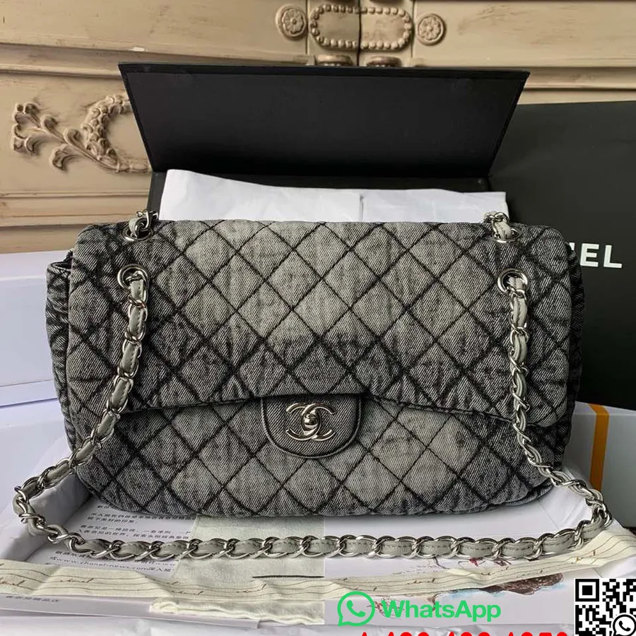 Chanel Denim Kapaklı çanta 32cm Kuzu Deri Deri Cruise 2020 Sezon Koleksiyonu, Siyah