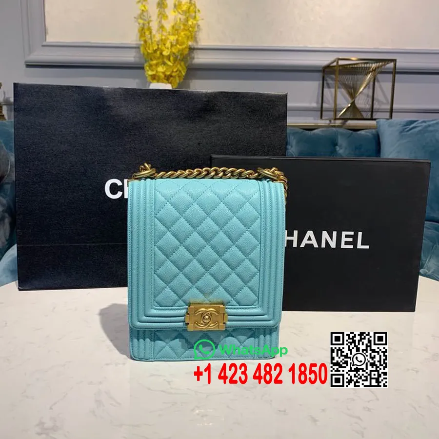 Chanel Boy North South Bag 20cm Gold Hardware Caviar Leather Spring/Summer 2020 Collection, Turquoise Blue