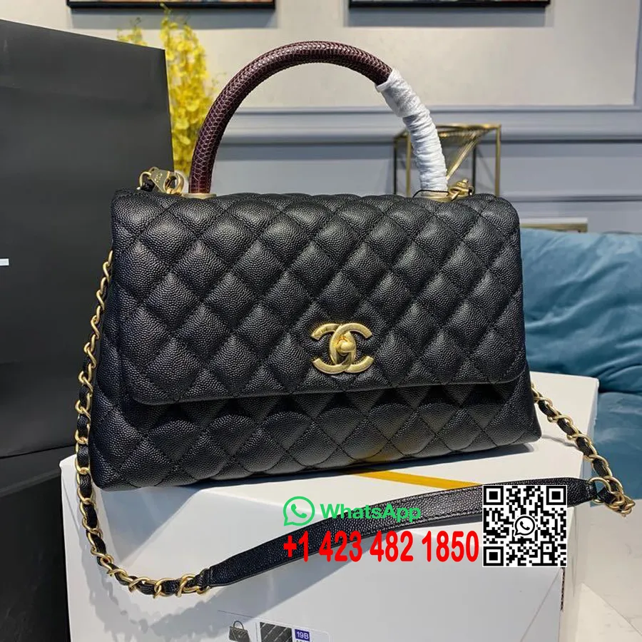 Chanel Coco Håndtak Vattert øgle Håndtak Bag 30cm Kaviar Skinn Gull Hardware Vår/sommer 2019 Act 1 Kolleksjon, Svart