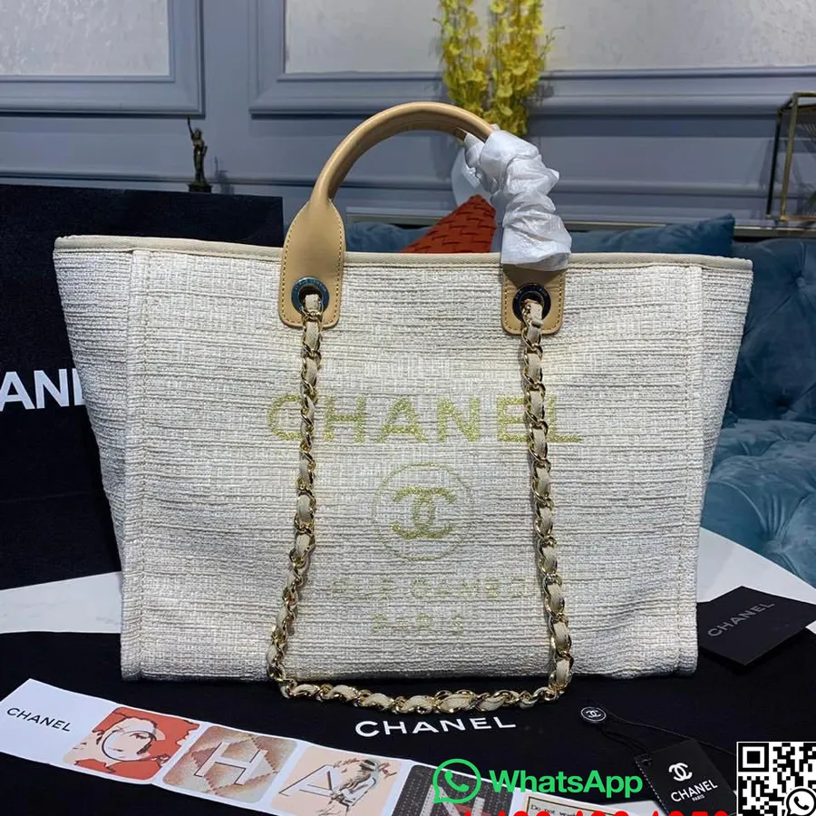 Chanel Deauville Tote Tas Tweed 38cm Koleksi Musim Semi/musim Panas 2020, Krem/krem