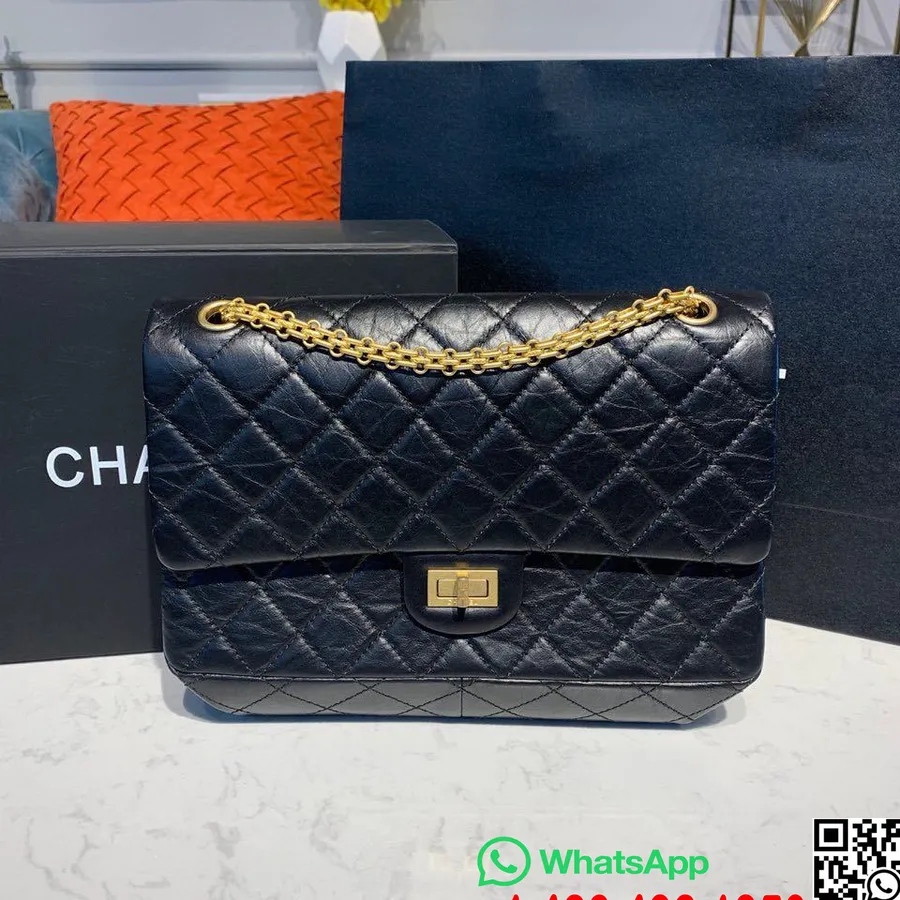 Chanel återutgivning 2,55 Väska 28 Cm Lammskinnsläder I åldrat Guld Hardware Cruise 2019 Classic Collection, Svart