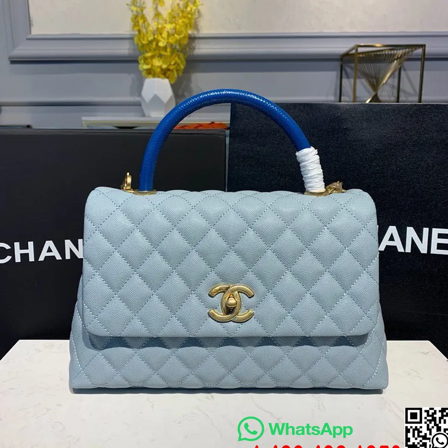 Chanel Coco Håndtak Vattert øgle Håndtak Bag 30cm Kaviar Skinn Gull Hardware Vår/sommer 2019 Act 1 Kolleksjon, Lyseblå