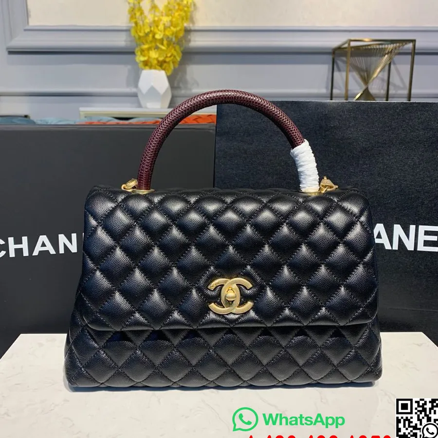 Chanel Coco Handle ватирана чанта с дръжка на гущер 30cm хайвер кожа златен обков колекция пролет/лято 2019 акт 1, черна