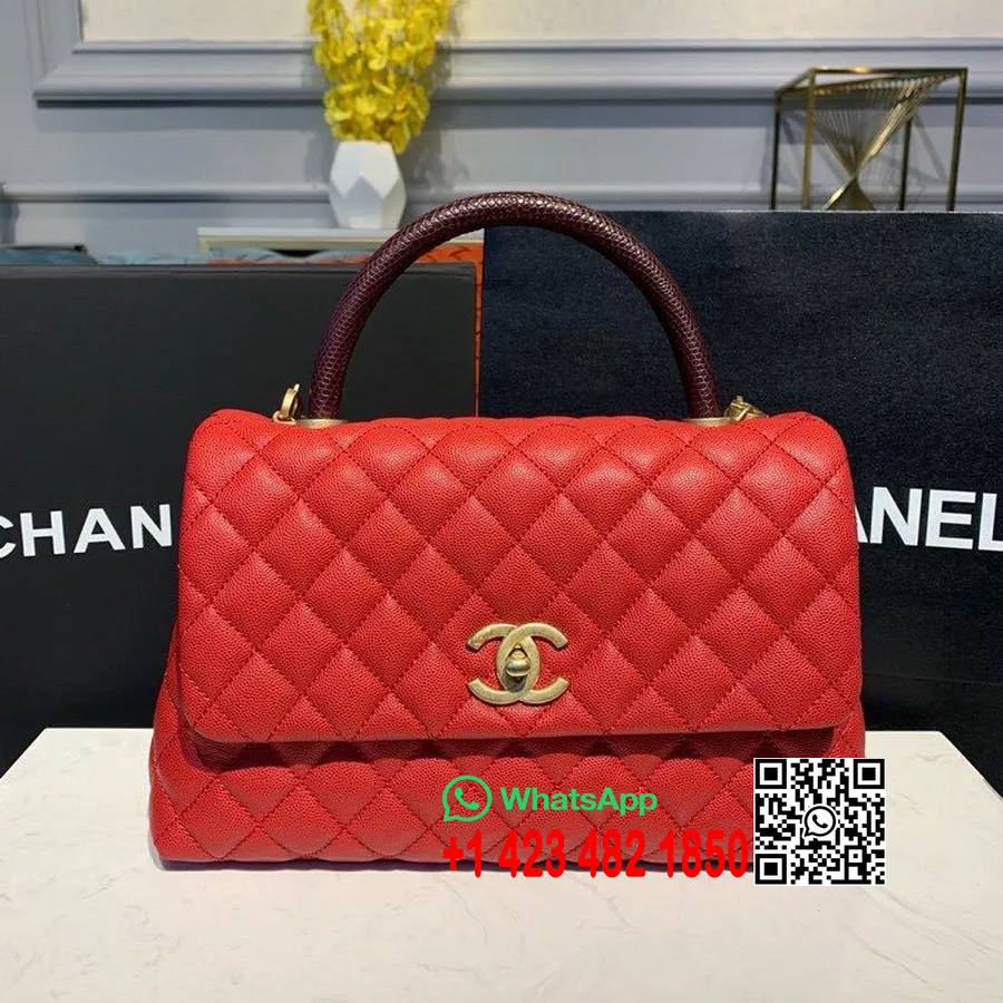 Chanel Coco Handle ватирана чанта с дръжка на гущер 30cm хайвер кожа златен обков колекция пролет/лято 2019 акт 1, червена