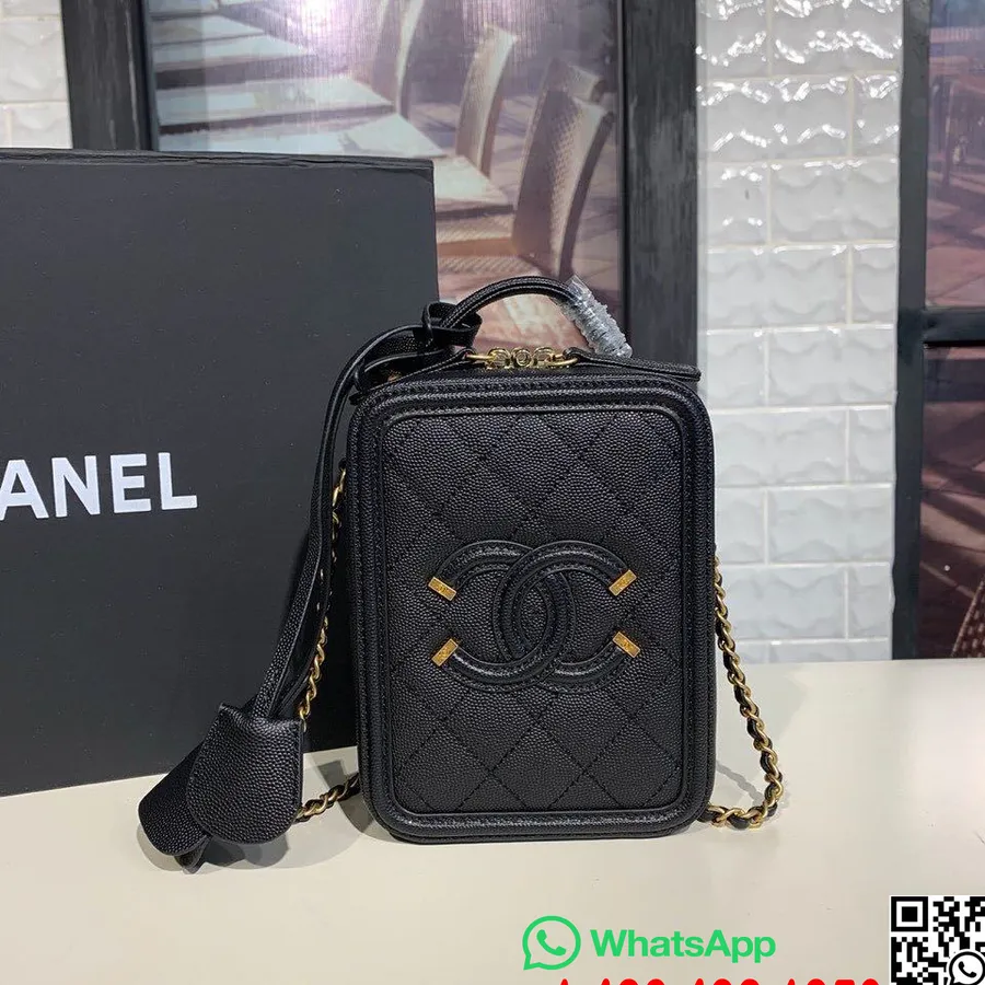 Chanel Cc Filigraani Pystysuora Meikkilaukku 18cm Kultalaitteisto Kaviaari Nahka Cruise 2019 Kokoelma, Musta