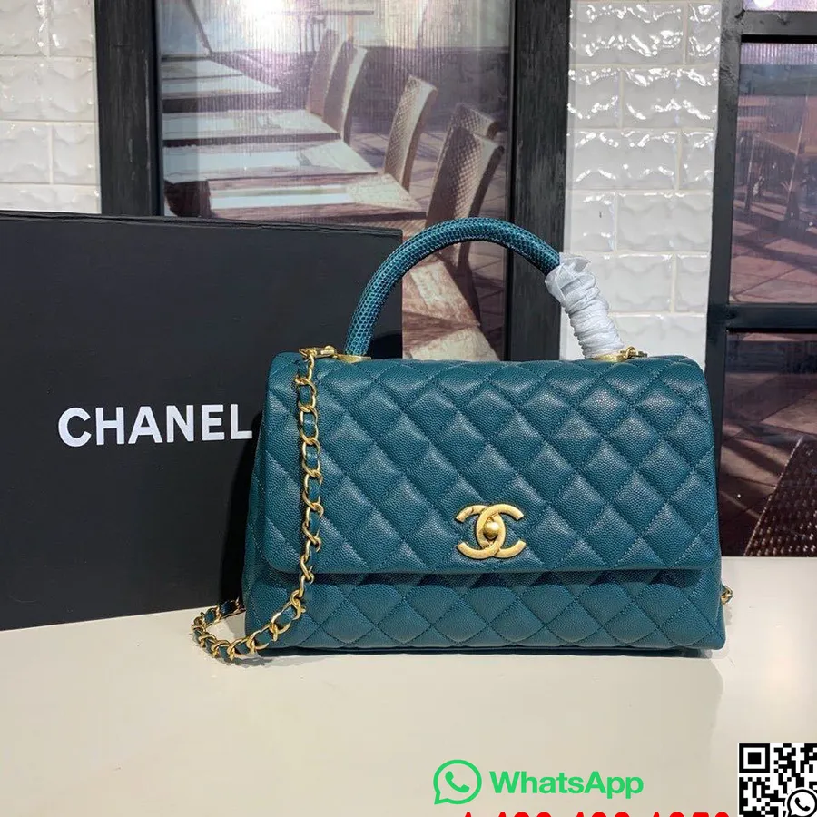 Капитонирана чанта с дръжка Chanel Coco 30 см хайвер кожа златен обков колекция пролет/лято 2019 акт 1, тюркоаз