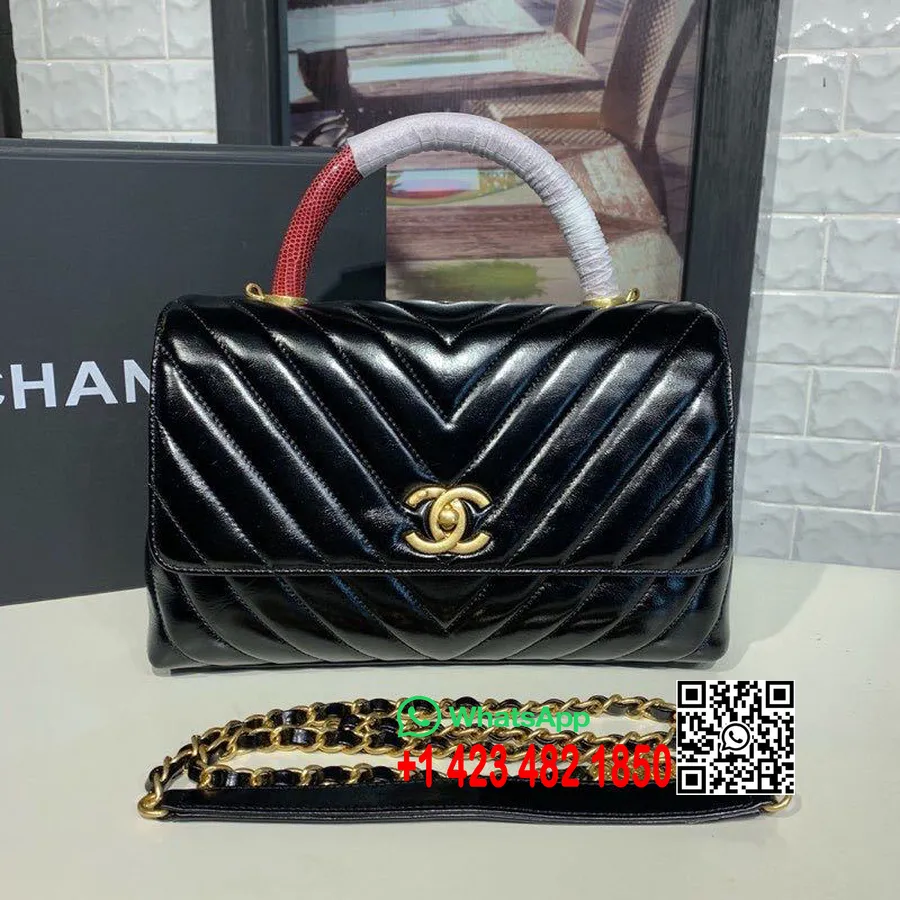 Chanel Coco Nyél Chevron Gyík Fogantyú Táska 30 Cm öregített Borjúbőr Arany Hardver 2019 Tavasz/nyár Felvonás 1 Kollekció, Feket