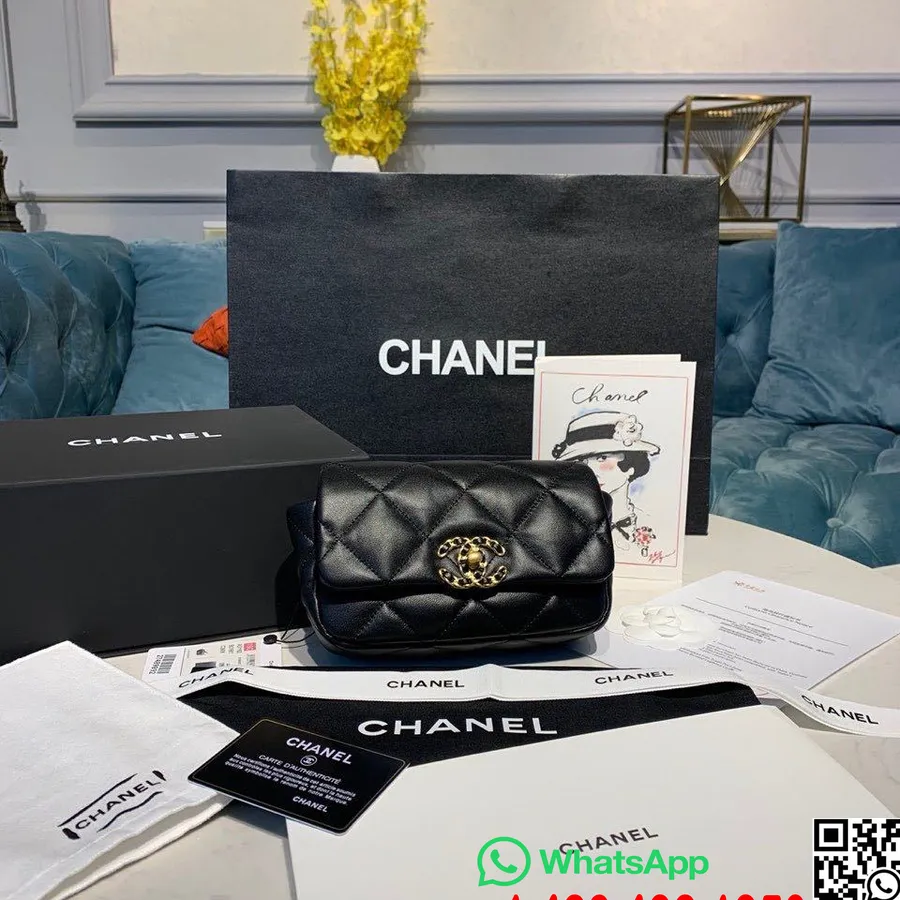 Chanel 19 Taška Přes Pas 18cm Jehněčí Kůže Zlatý Hardware Cruise 2019 Klasická Kolekce, černá