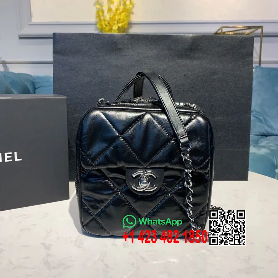 Chanel Kameratasche, 18 Cm, Lammleder, Silberfarbene Hardware, Kreuzfahrt, Saisonkollektion 2020, AS1323, Schwarz