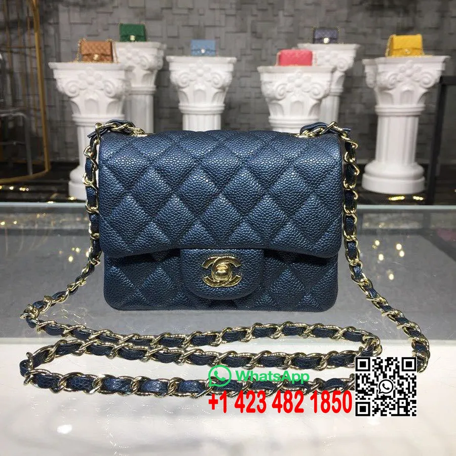 Chanel Mini Solapa 18 Cm Cuero Caviar Herrajes Dorados Colección Acto 1 Otoño / Invierno 2019, Azul Marino Metalizado