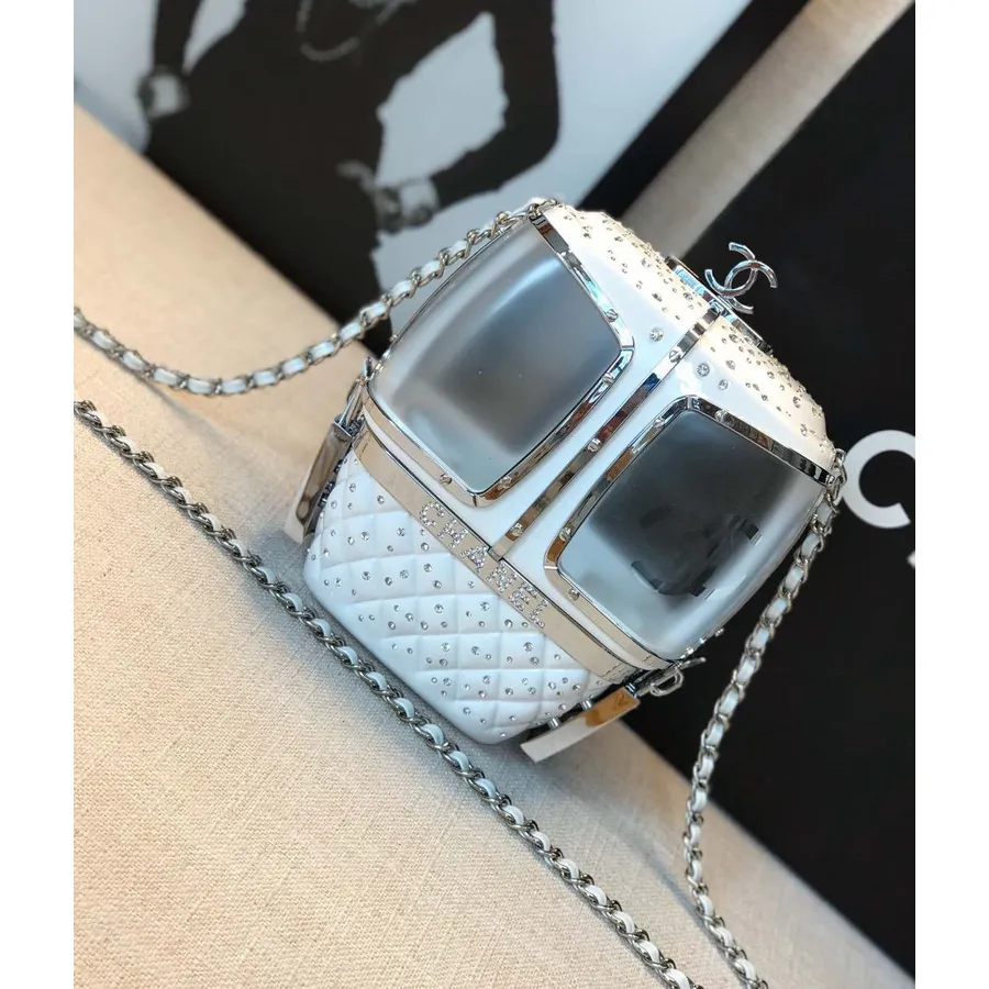 Chanel Gondola Lift Minaudiere Bag Plexiglass Evening Bag Silver Hardware Fall/Winter 2019 Collection, White