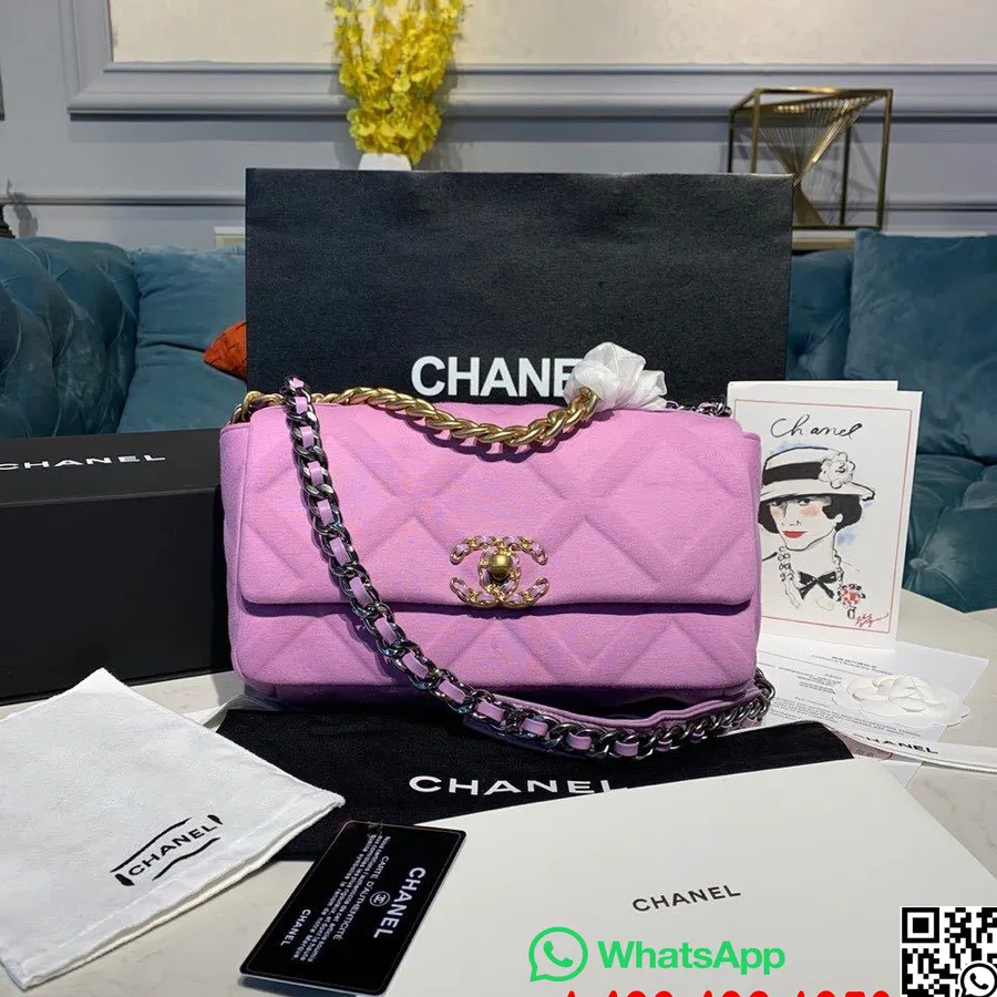 Chanel 19 Bolsa De Ombro Com Aba 18cm Jersey/couro De Pele De Cordeiro Ouro Hardware Cruise 2019 Coleção Clássica, Lavanda