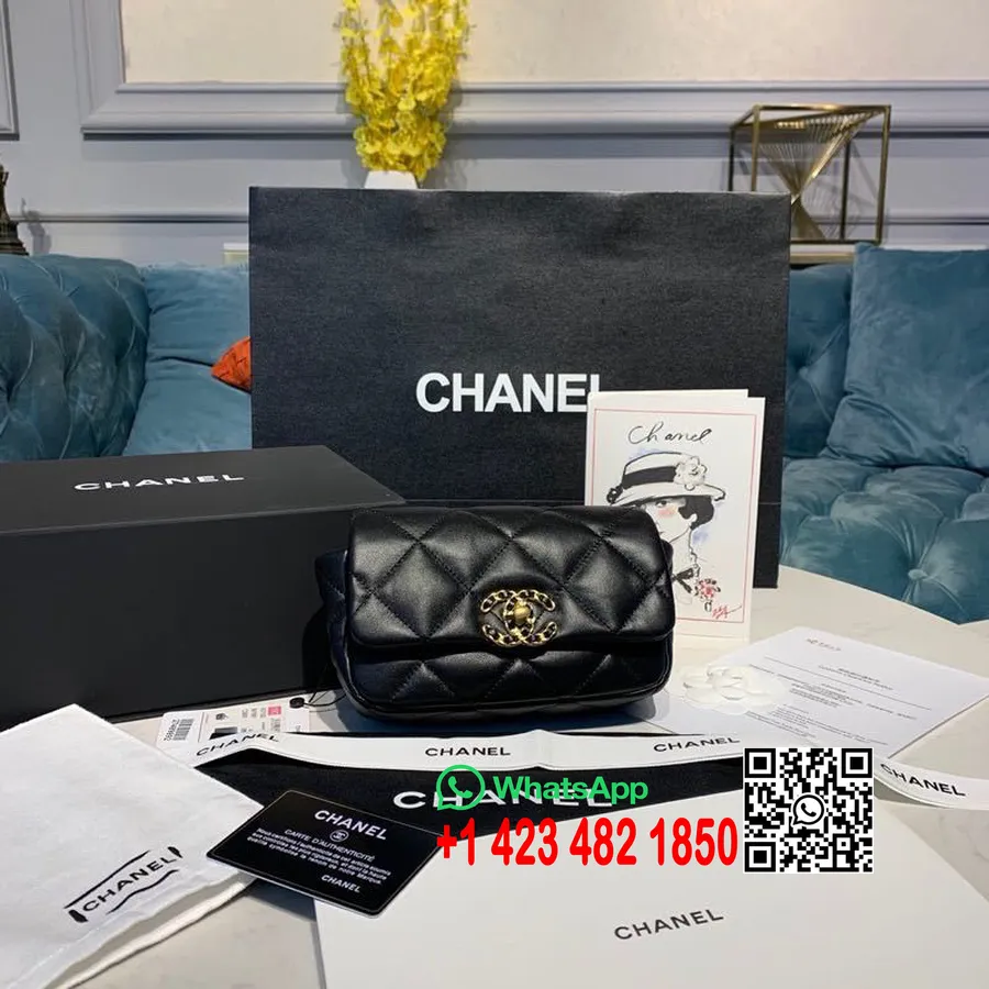 Chanel 19 Bolsa De Cinto 18 Cm Couro De Cordeiro Ouro Hardware Cruzeiro 2019 Coleção Clássica, Preto