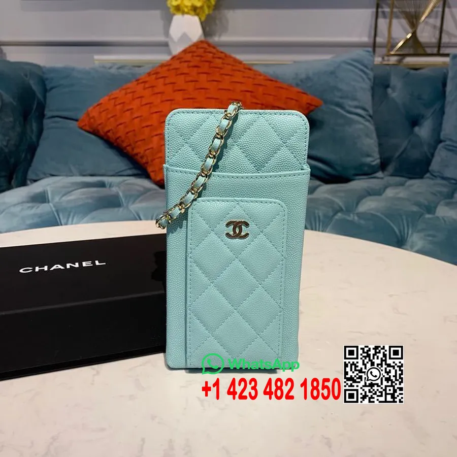 Chanel Mobile Phone Pouch Holder Shoulder Bag 12cm Caviar Leather Gold Hardware Fall/Winter 2019 Act 1 Collection, Light Blue