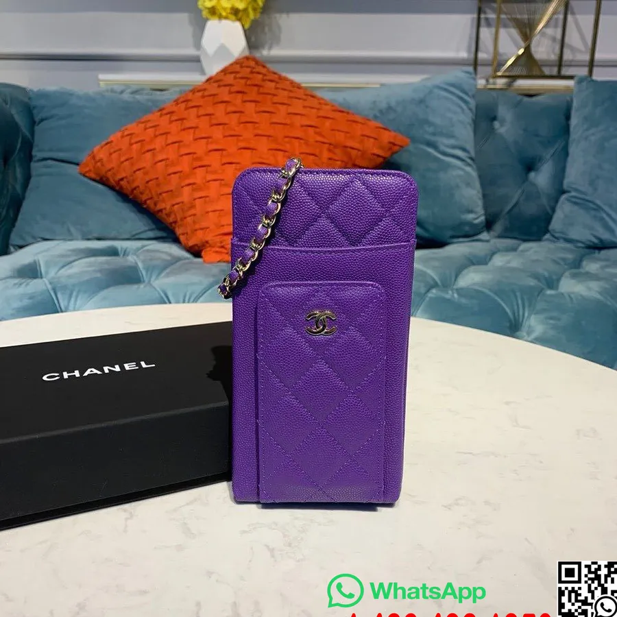 Chanel Mobiele Telefoon Zakje Houder Schoudertas 12cm Kaviaarleer Gouden Hardware Herfst/winter 2019 Act 1 Collectie, Paars