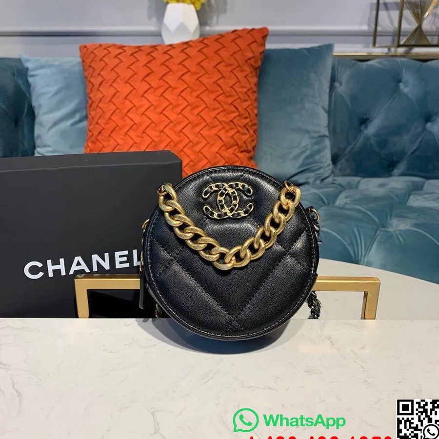 Chanel țesut Cc Logo Poșeta Rotundă Pentru Monede Geantă De Umăr 12 Cm Piele De Capră Hardware Antic Auriu Colecția Toamnă/iarna