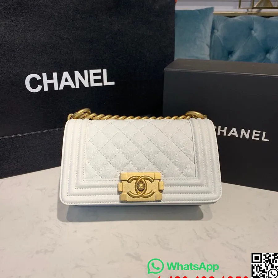 Borsa Da Ragazzo Trapuntata Chanel 20 Cm In Pelle Di Caviale Hardware Oro Antico Collezione Autunno/inverno 2019 Atto 1, Bianco