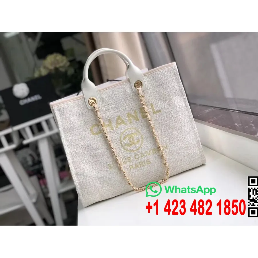 Chanel Deauville Tote 38cm Raffia πάνινη τσάντα φθινόπωρο/χειμώνας 2019 συλλογή, μπεζ/λευκό