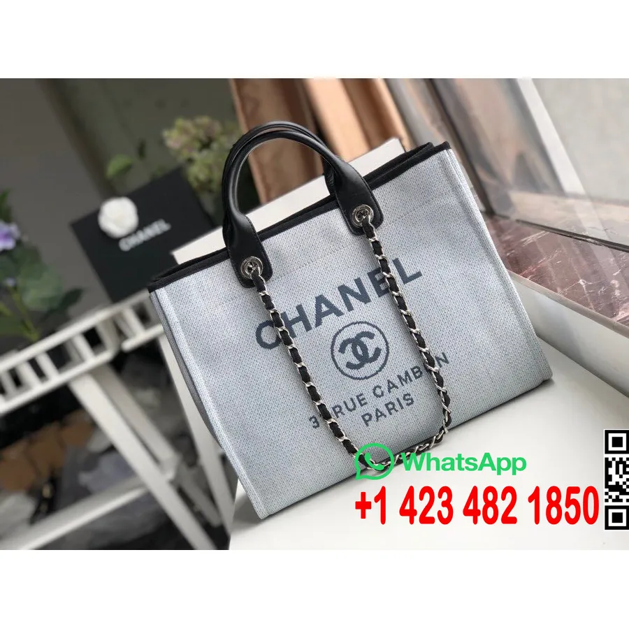 Chanel Deauville Tote 38cm Raffia πάνινη τσάντα φθινόπωρο/χειμώνας 2019 συλλογή, γαλάζιο/μαύρο