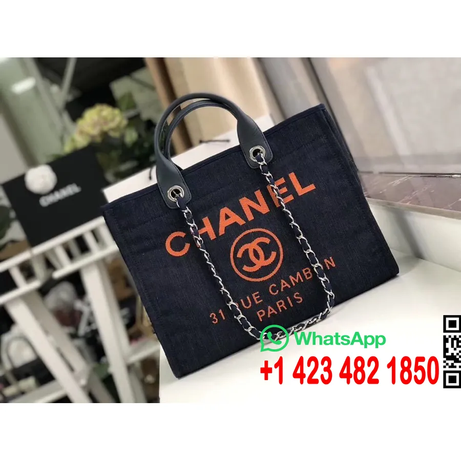 Chanel Deauville Tote 38cm τζιν πάνινη τσάντα φθινόπωρο/χειμώνας 2019 συλλογή, τζιν μπλε/πορτοκαλί