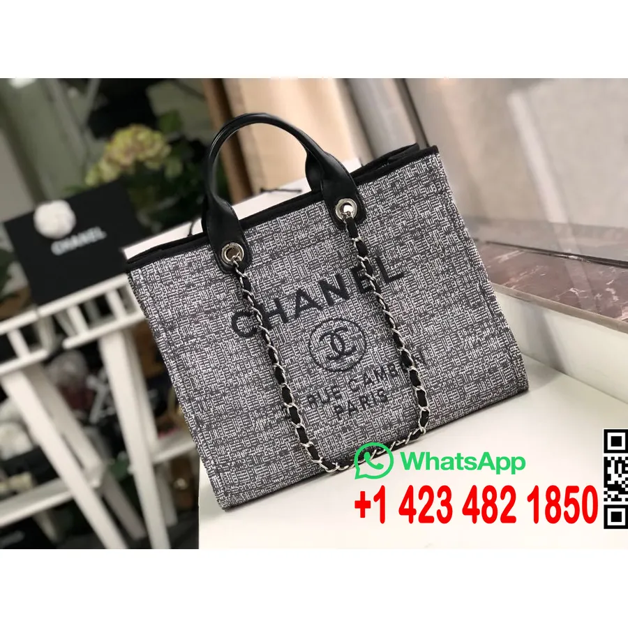 Chanel Deauville Tote 38cm Raffia πάνινη τσάντα φθινόπωρο/χειμώνας 2019 συλλογή, μαύρο/άσπρο