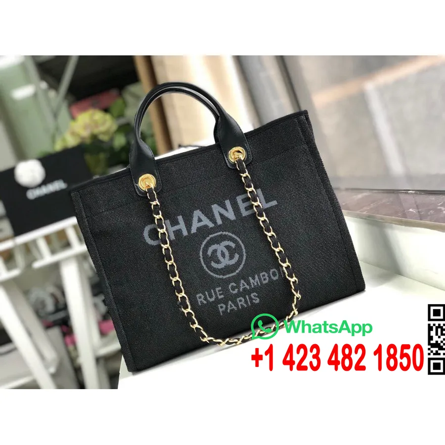 Chanel Deauville Tote 38cm Raffia πάνινη τσάντα φθινόπωρο/χειμώνας 2019 συλλογή, μαύρο/γκρι