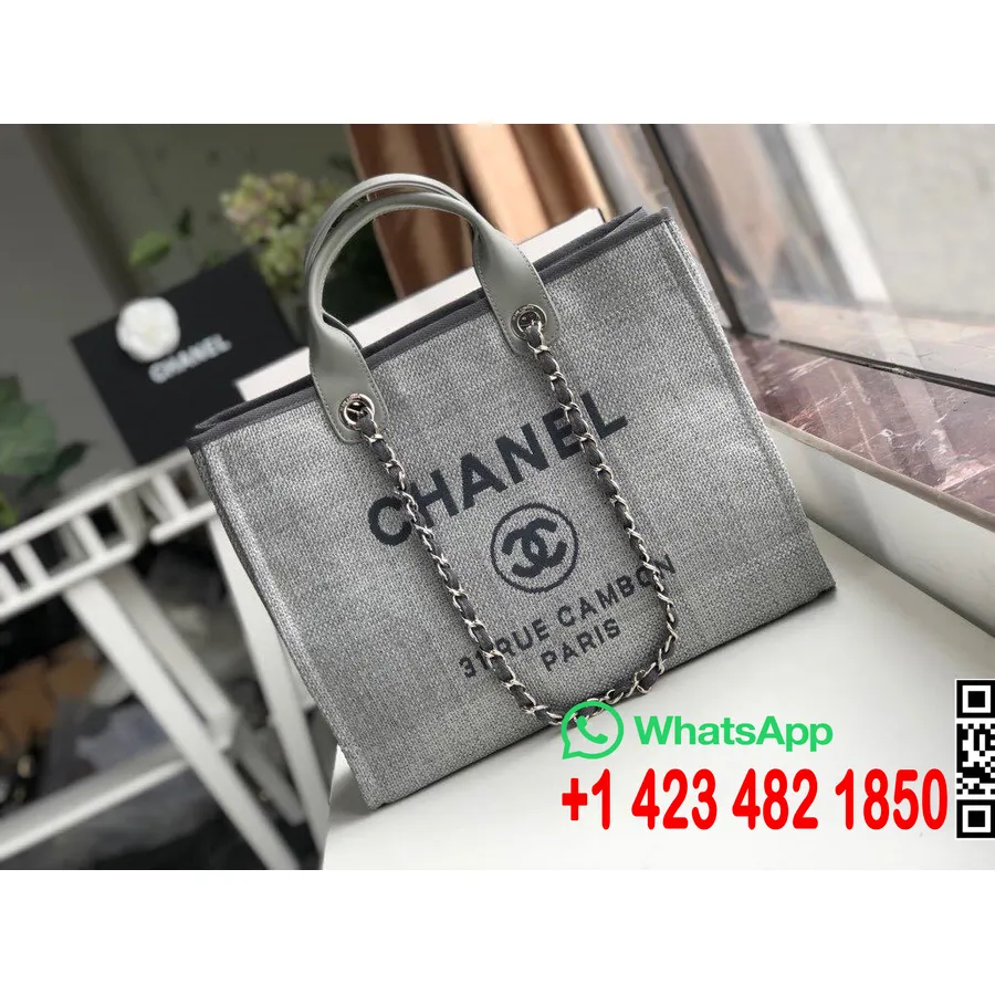 Chanel Deauville Tote 38cm Raffia πάνινη τσάντα φθινόπωρο/χειμώνας 2019 συλλογή, ανοιχτό γκρι/μαύρο