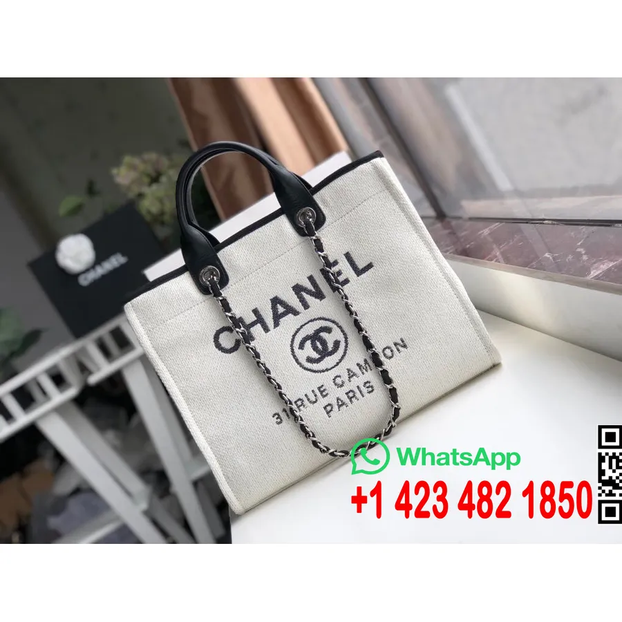 Chanel Deauville Tote 38cm Twill πάνινη τσάντα φθινόπωρο/χειμώνας 2019 συλλογή, λευκό/μαύρο