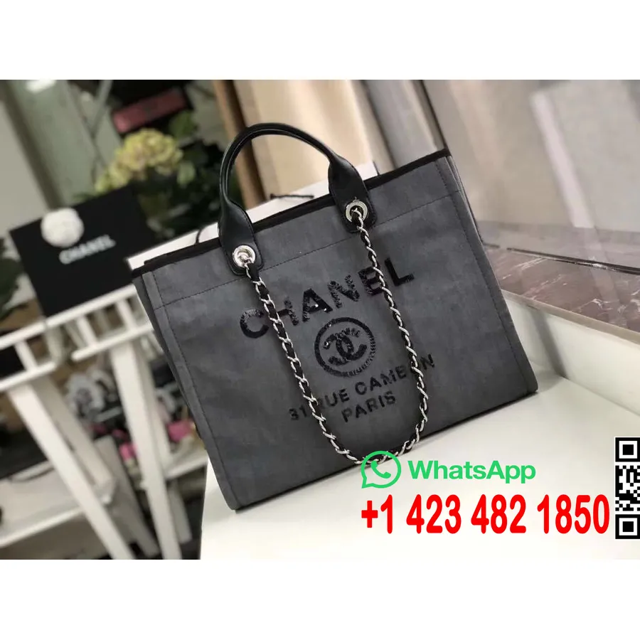 Chanel Deauville Tote 38cm τζιν τσάντα καμβά με παγιέτες κέντημα συλλογή φθινόπωρο/χειμώνας 2019, μαύρο/μαύρο