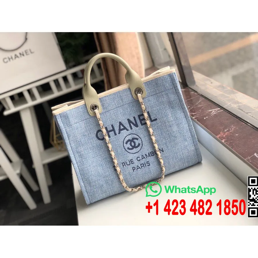 Chanel Deauville Tote 38cm τουίντ πάνινη τσάντα φθινόπωρο/χειμώνας 2019 συλλογή, γαλάζιο/λευκό