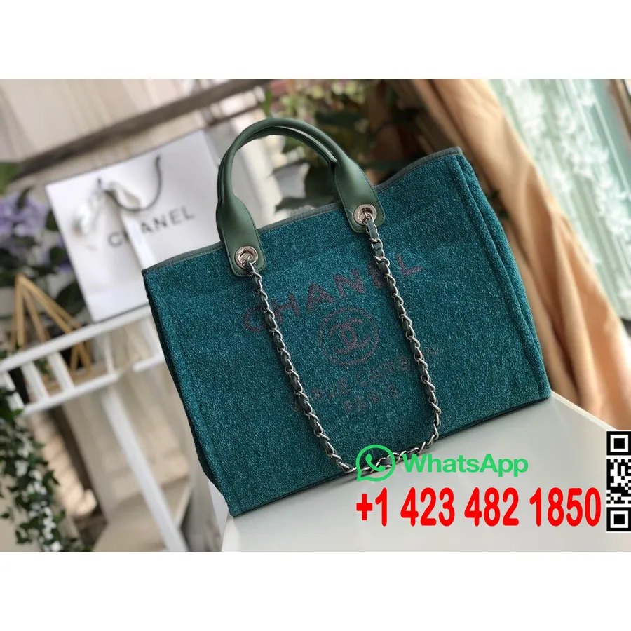 Chanel Deauville Tote 38cm πάνινη τσάντα φθινόπωρο/χειμώνας 2019 συλλογή, τιρκουάζ