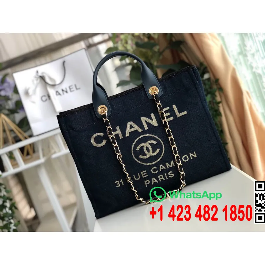 Chanel Deauville Tote 38cm τζιν πάνινη τσάντα φθινόπωρο/χειμώνας 2019 συλλογή, σκούρο μπλε/χρυσό