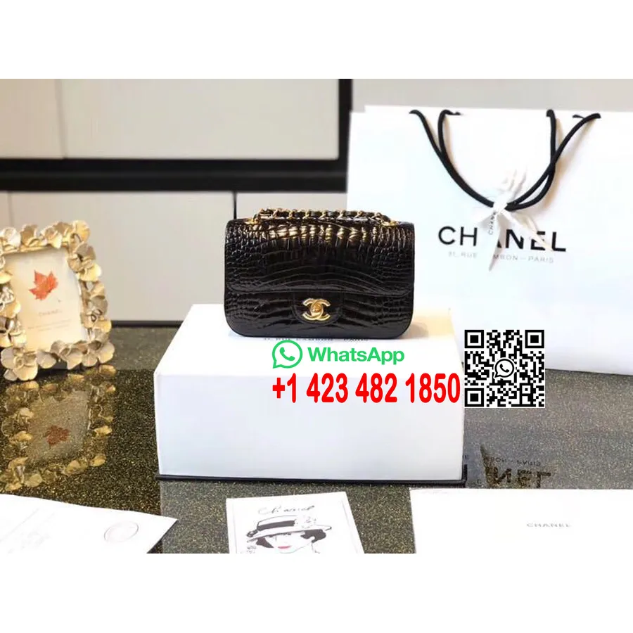 Chanel Mini Classic Flap Camelia Motif Bag 20cm Gold Hardware Crocodile Skin Spring/Summer 2019 Act 2 Collection, Black