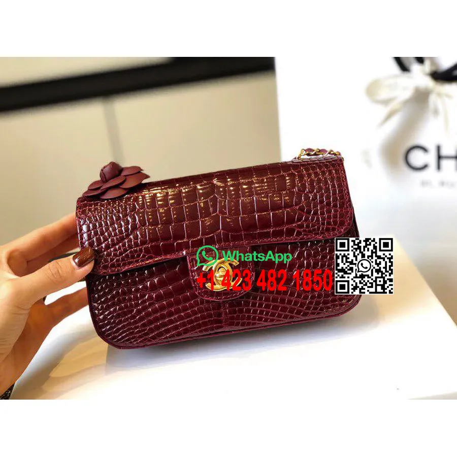 Chanel Mini Classic Flap Camelia Motif Bag 20cm Gold Hardware Crocodile Skin Spring/Summer 2019 Act 2 Collection, Burgundy