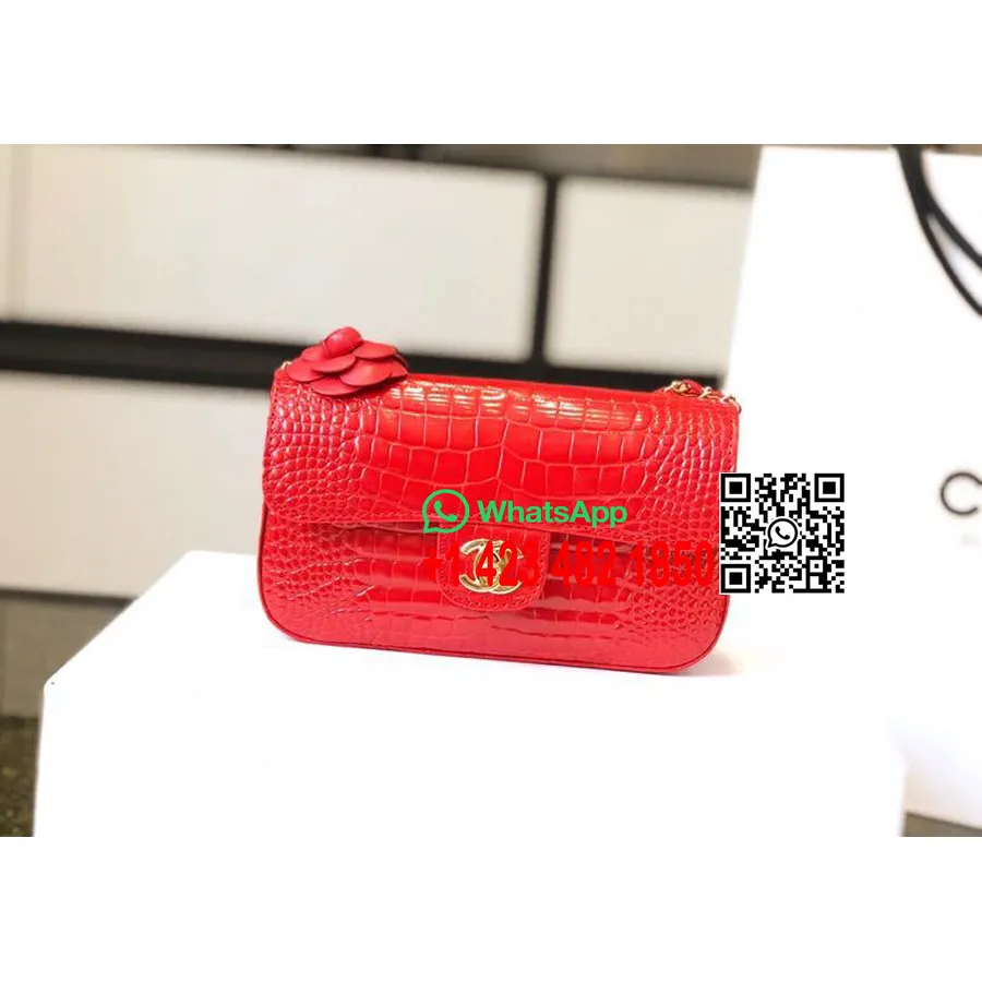 Chanel Mini Classic Flap Camelia Motif Bag 20cm Gold Hardware Crocodile Skin Spring/Summer 2019 Act 2 Collection, Red