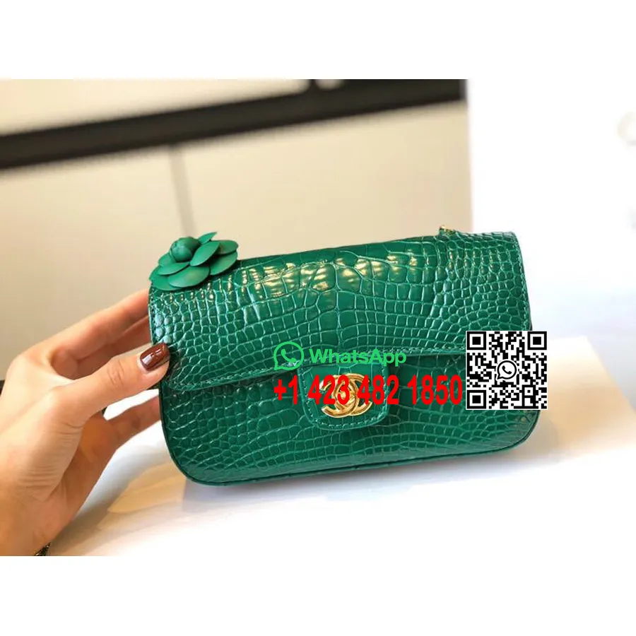 Chanel Mini Classic Flap Camelia Motif Bag 20cm Gold Hardware Crocodile Skin Spring/Summer 2019 Act 2 Collection, Emerald Green