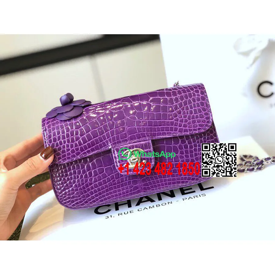 Chanel Mini Classic Flap Camelia Motif Bag 20cm Gold Hardware Crocodile Skin Spring/Summer 2019 Act 2 Collection, Purple