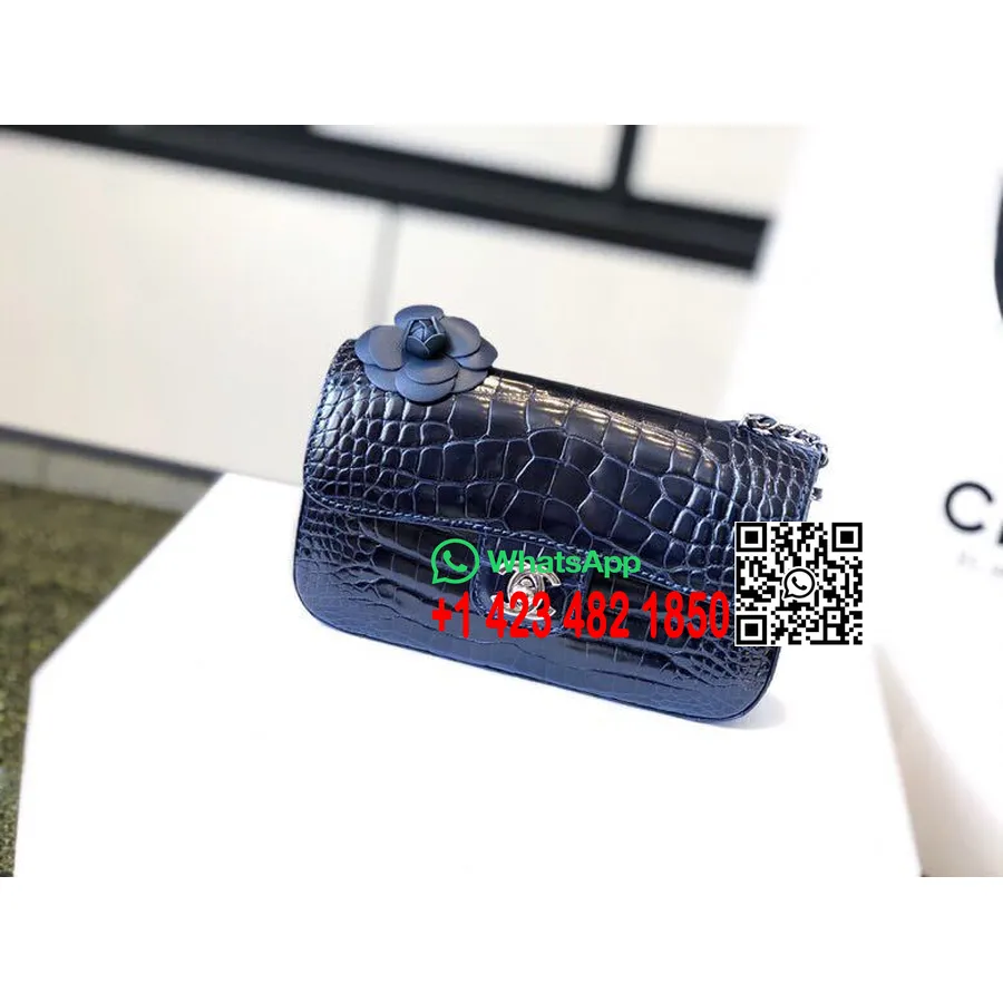 Chanel Mini Classic Flap Camelia Motif Bag 20cm Gold Hardware Crocodile Skin Spring/Summer 2019 Act 2 Collection, Navy Blue