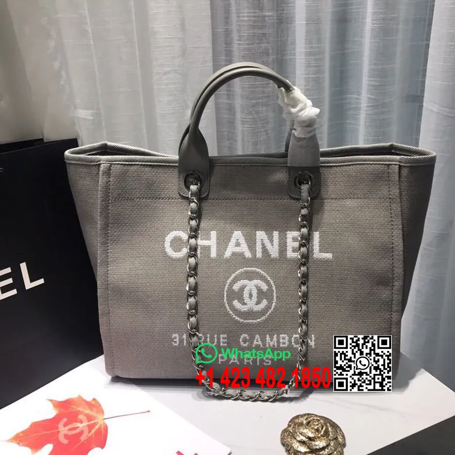 Bolsa Chanel Deauville 38cm Bolsa De Lona Coleção Primavera/verão 2019, Cinza Claro/branco